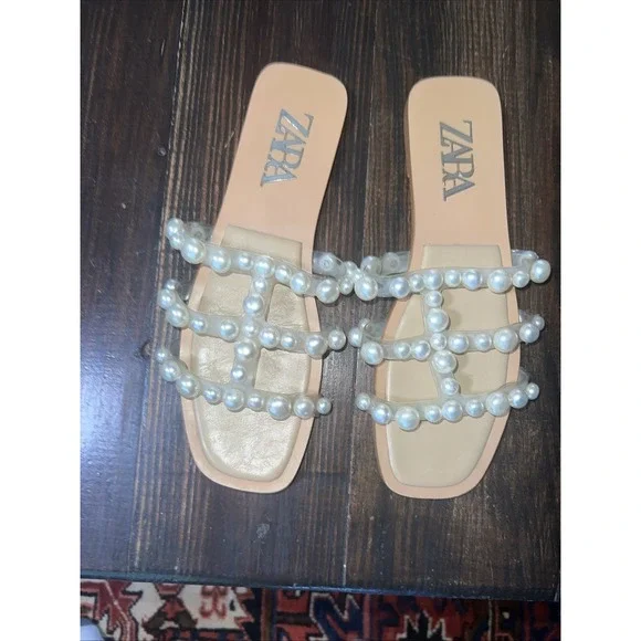 Zara Sandal Clear Plastic Pearl Strappy Size 9.5 - Picture 2 of 5